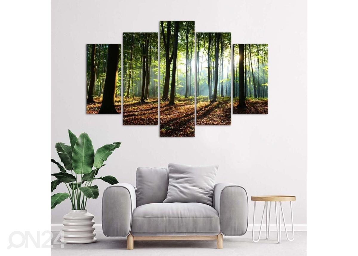 5-osainen sisustustaulu Rays of the sun in the forest 150x100 cm kuvasuurennos