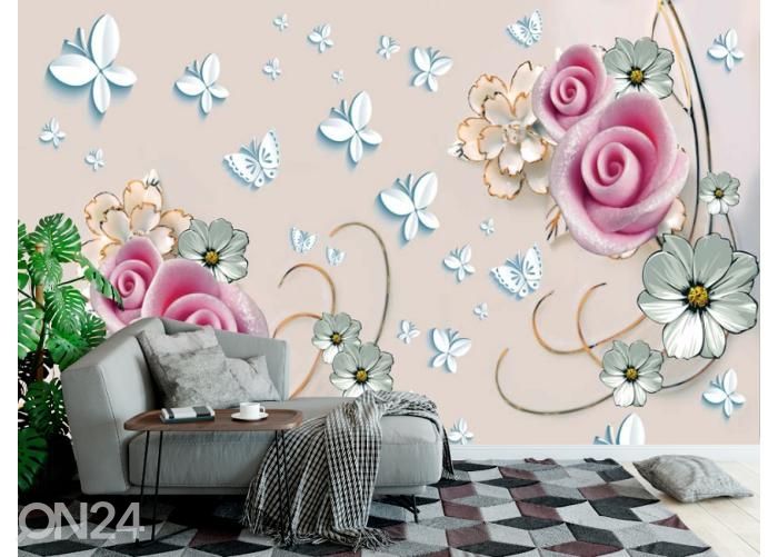 Fleece kuvatapetti 3D Soft Flowers on the Beige Background 400x260 cm kuvasuurennos