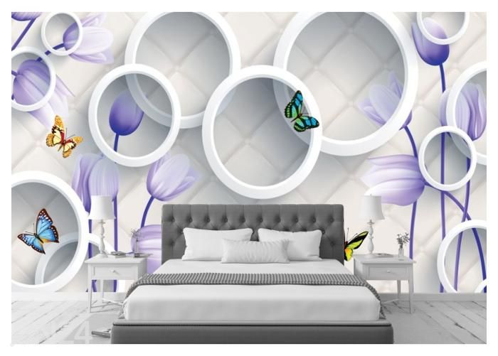 Fleece kuvatapetti 3D Violet Flowers, Butterflies and White Circles 416x290 cm kuvasuurennos