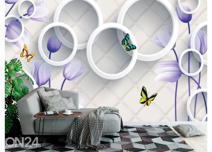 Fleece kuvatapetti 3D Violet Flowers, Butterflies and White Circles 416x290 cm kuvasuurennos