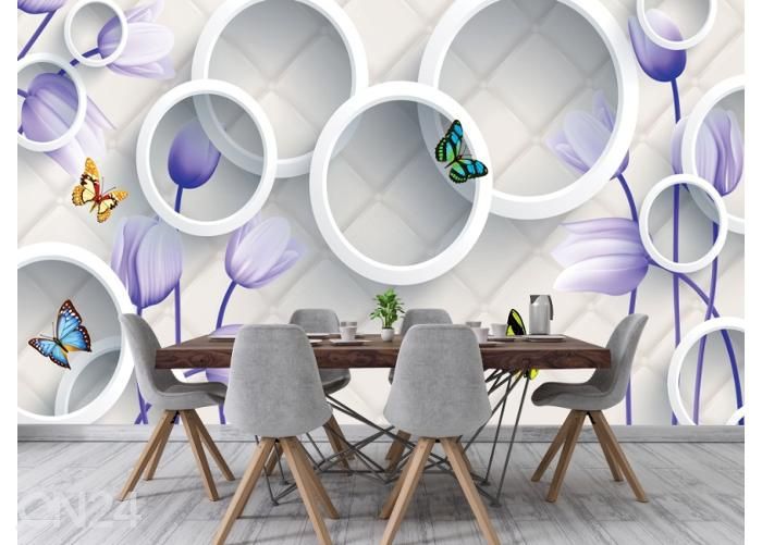 Fleece kuvatapetti 3D Violet Flowers, Butterflies and White Circles 416x290 cm kuvasuurennos