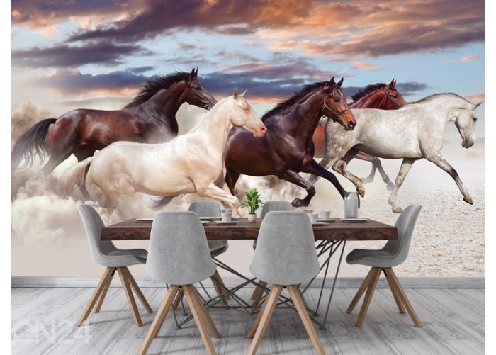 Fleece kuvatapetti Five Horses Run Gallop in Desert at Sunset 368x254 cm kuvasuurennos