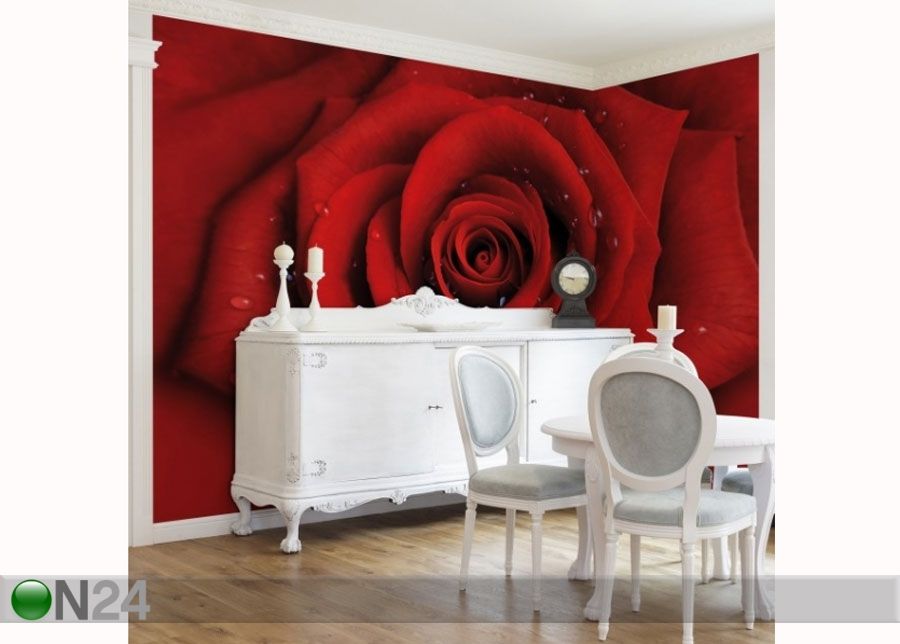 Fleece-kuvatapetti RED ROSE WITH WATER DROPS kuvasuurennos