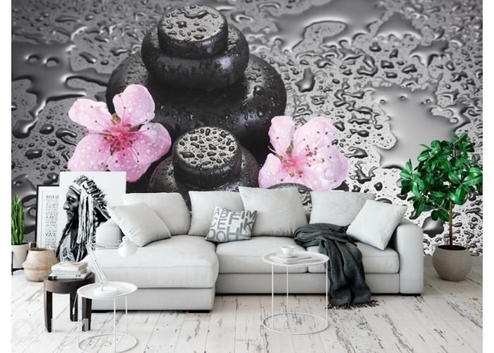 Fleece kuvatapetti Spa Stones with Drops and Pink Sakura Flowers 368x254 cm kuvasuurennos