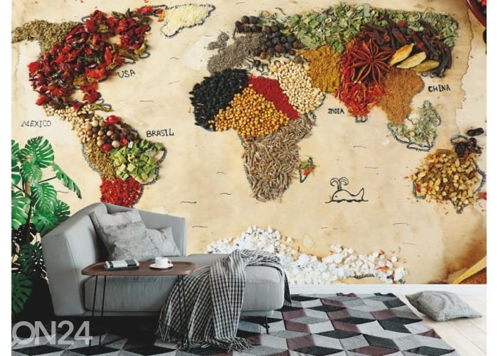 Fleece kuvatapetti Spicy World Map 416x290 cm kuvasuurennos