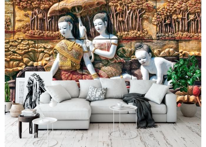 Fleece kuvatapetti Thai Stone Carving on Temple Wall 416x290 cm kuvasuurennos