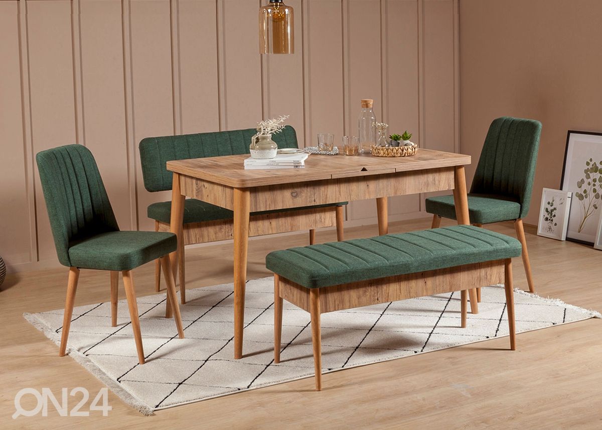 Jatkettava ruokapöytä 80x130-165 cm + 2 tuolia + 2 penkkiä kuvasuurennos