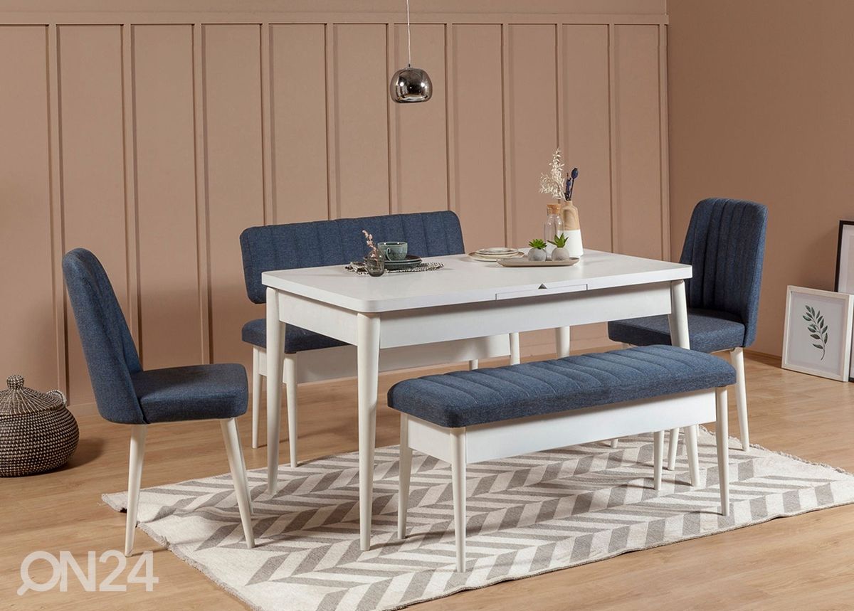 Jatkettava ruokapöytä 80x130-165 cm + 2 tuolia + 2 penkkiä kuvasuurennos