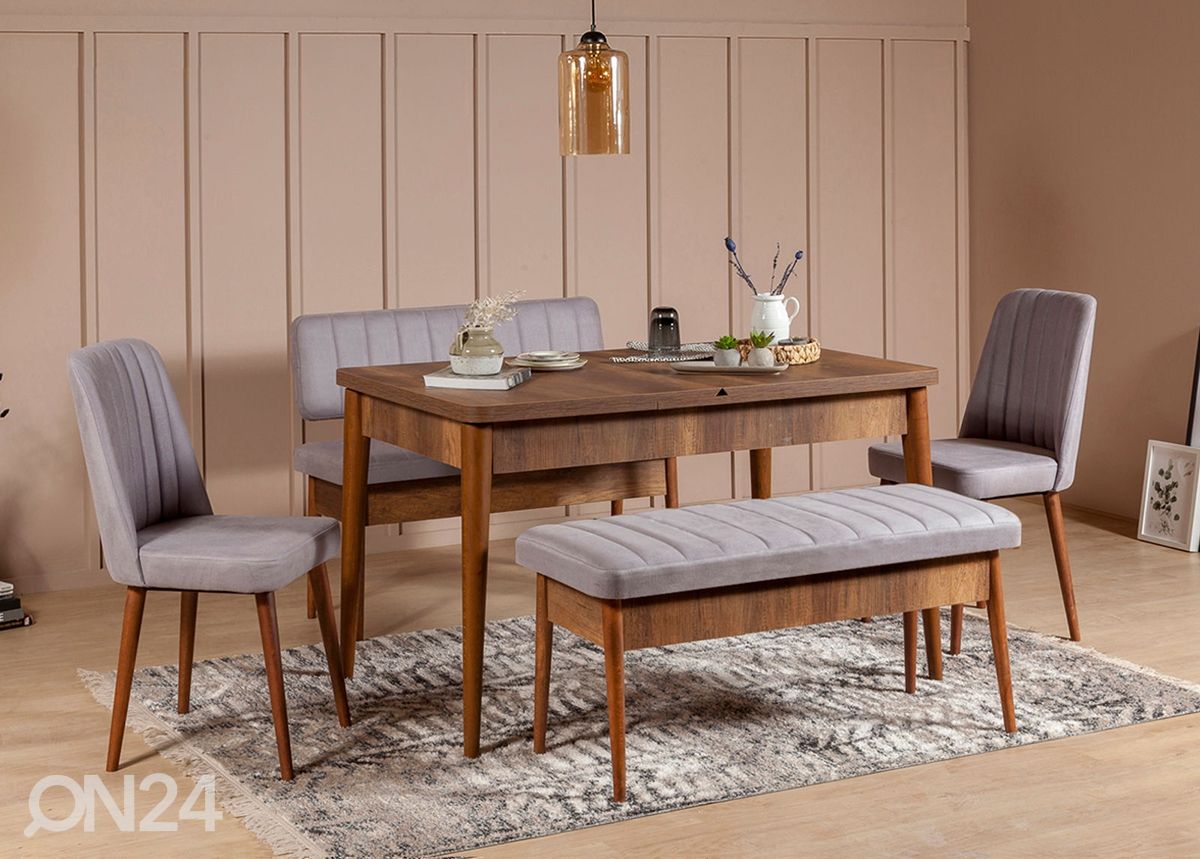 Jatkettava ruokapöytä 80x130-165 cm + 2 tuolia + 2 penkkiä kuvasuurennos