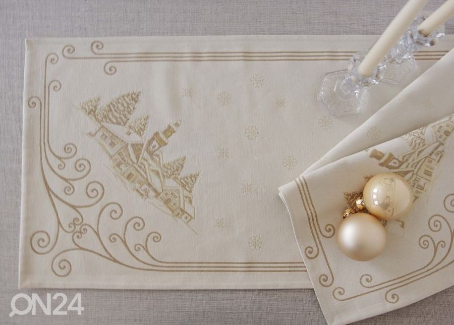 Jouluaiheinen pöytäliina gobeliinikankaasta Chalet Lurex gold 45x198 cm kuvasuurennos