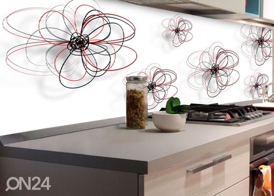 Keittiön välitila Red-black flowers 180x60 cm kuvasuurennos