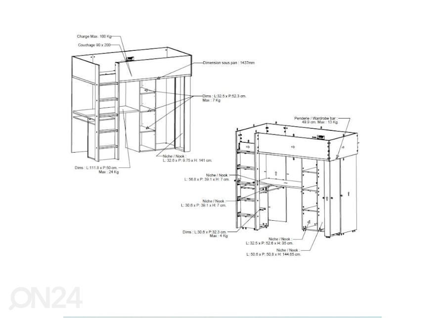 Korkea sänky Camillia 90x200 cm kuvasuurennos mitat