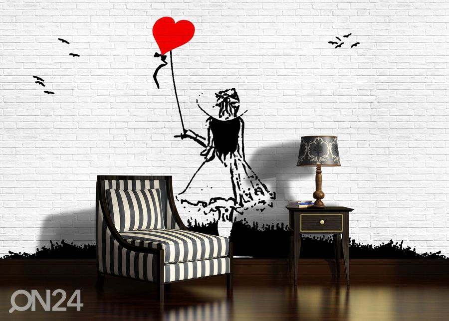 Kuvatapetti lack And White Brick Wall Graffiti Girl With Balloon 312x219 cm kuvasuurennos