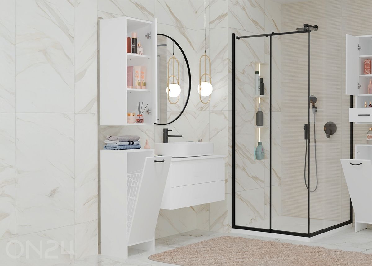 Kylpyhuoneen kaappi pyykkikorilla Nina kuvasuurennos