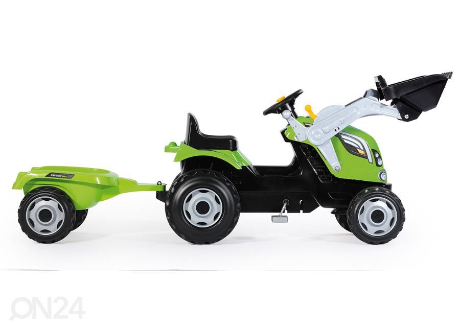 Lasten traktori polkimilla Farmer MAX peräkärryllä ja Smoby-kauhalla kuvasuurennos