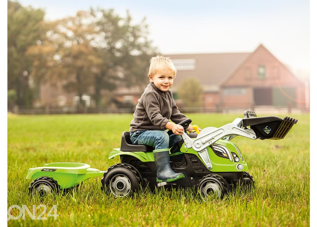 Lasten traktori polkimilla Farmer MAX peräkärryllä ja Smoby-kauhalla kuvasuurennos