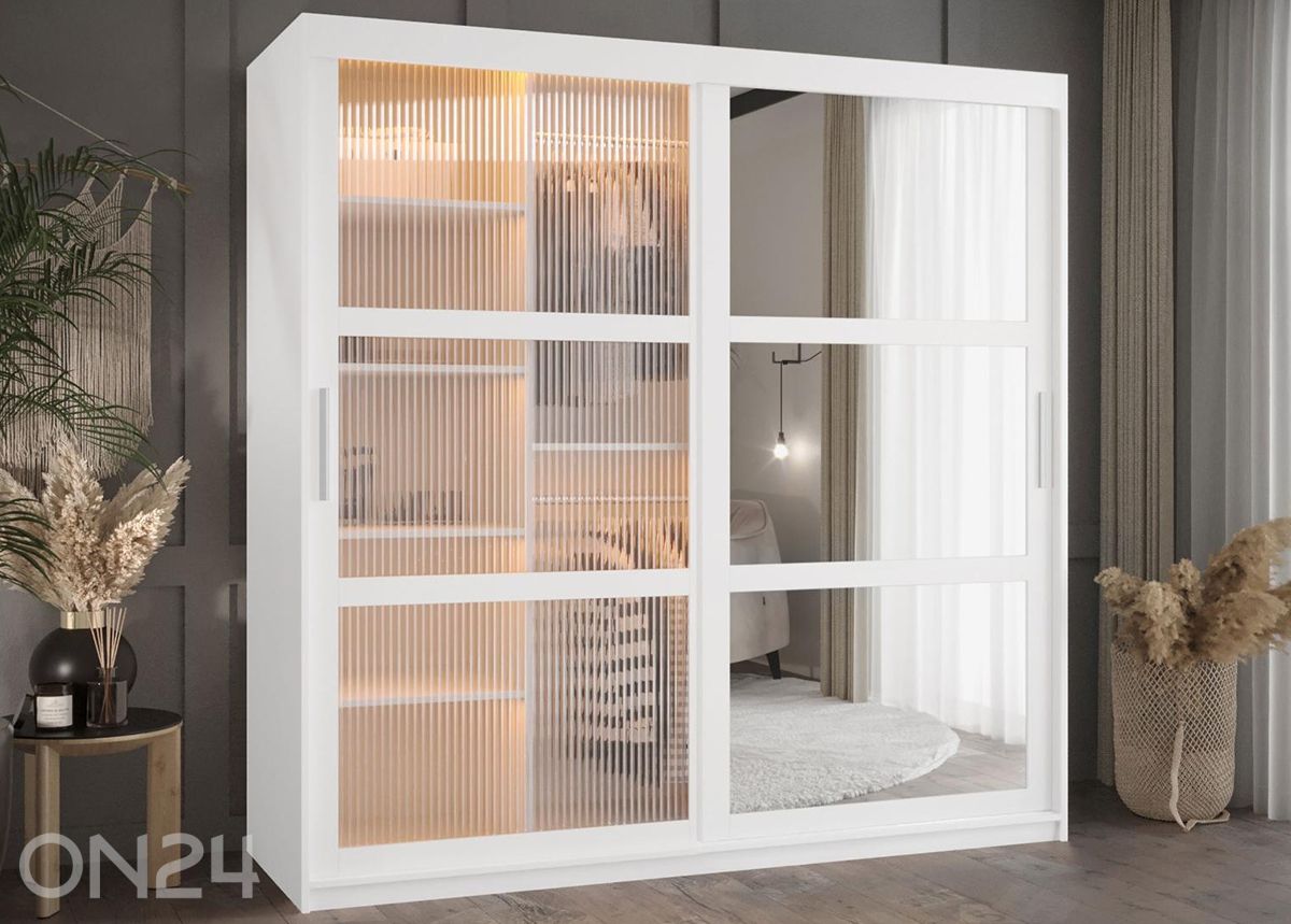 Liukuovellinen vaatekaappi Flutes 180 cm + LED kuvasuurennos