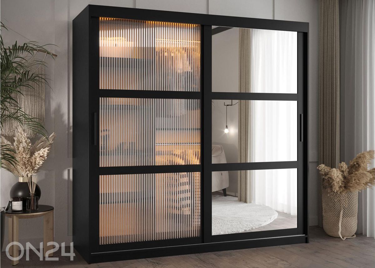 Liukuovellinen vaatekaappi Flutes 180 cm + LED kuvasuurennos