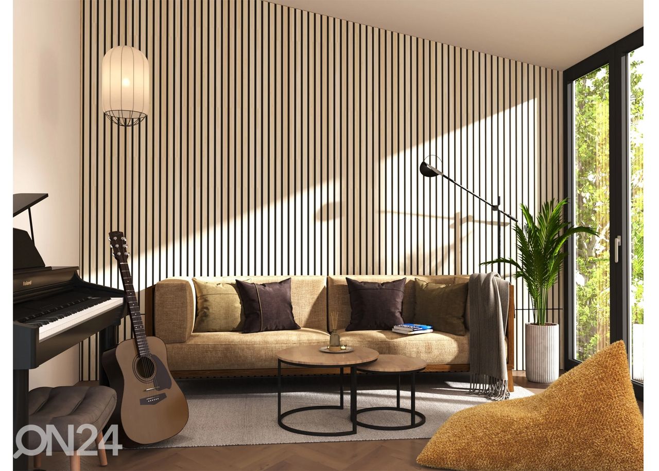 Massiivipuusta valmistettu akustinen seinäpaneeli 240x40 cm kuvasuurennos