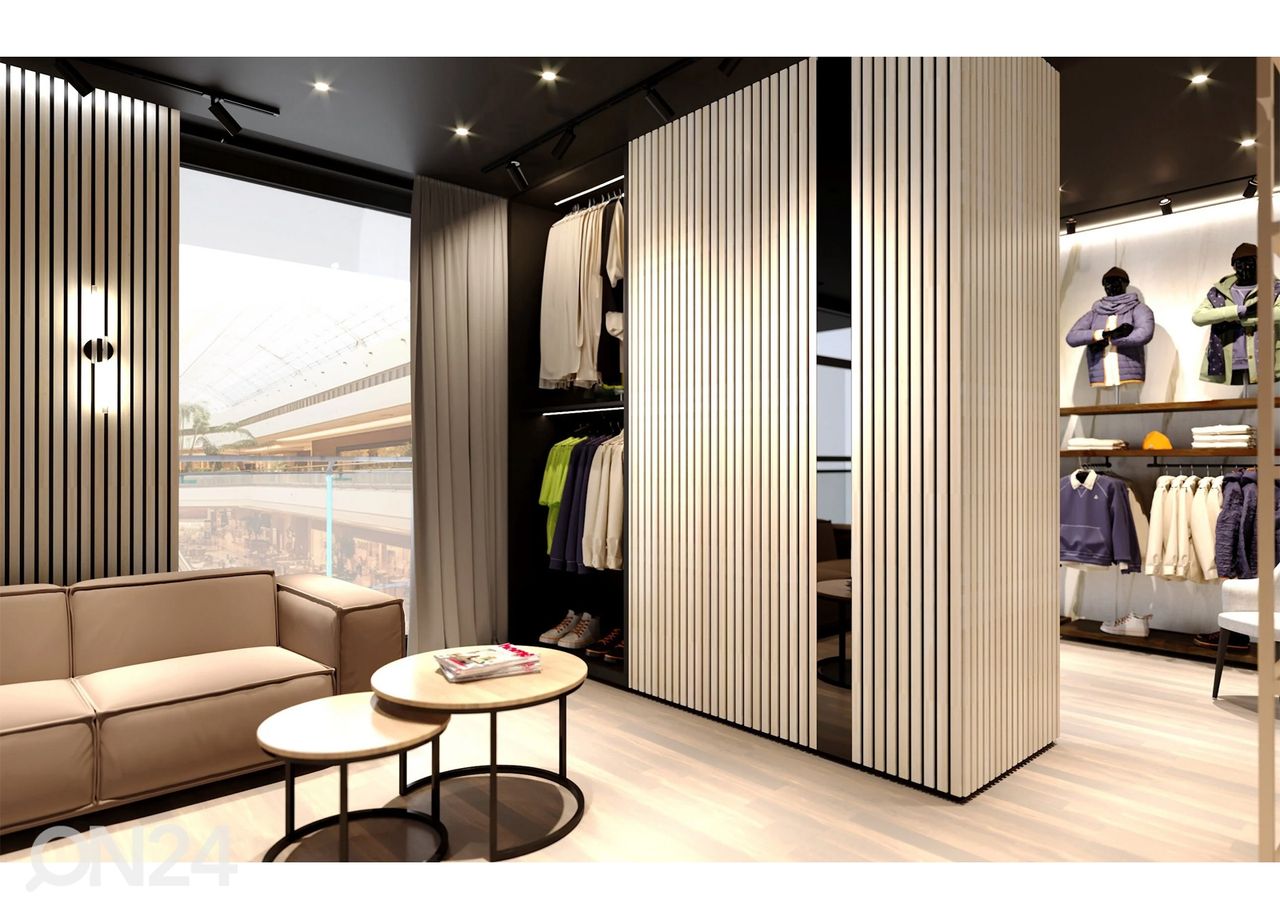 Massiivipuusta valmistettu akustinen seinäpaneeli 240x40 cm kuvasuurennos