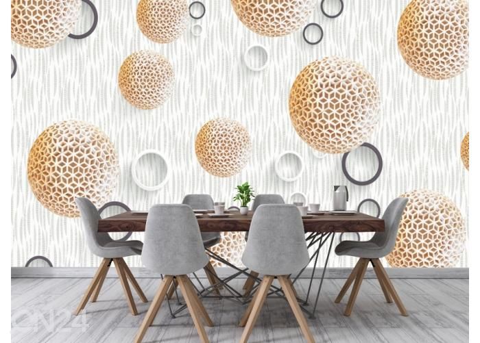 Non-woven kuvatapetti 3D Wallpaper with Golden Ball Sphere and Circles 400x260 cm kuvasuurennos
