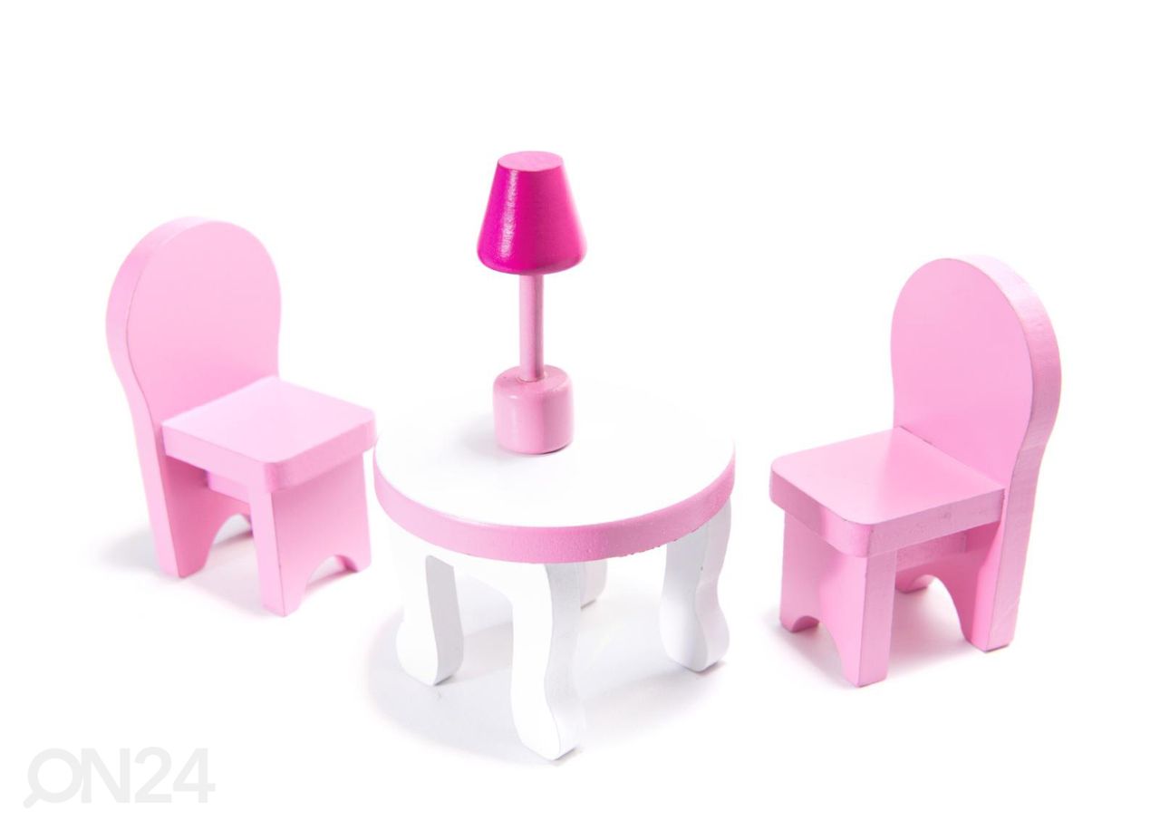 Nukkekoti + huonekalut ja LED-valot kuvasuurennos