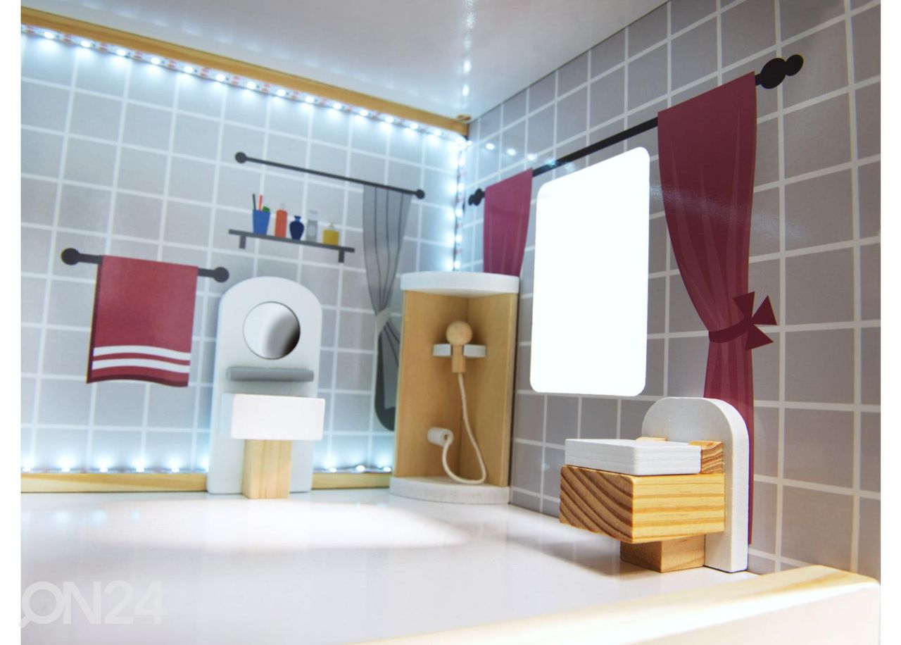 Nukkekoti + huonekalut ja LED-valot 78 cm kuvasuurennos