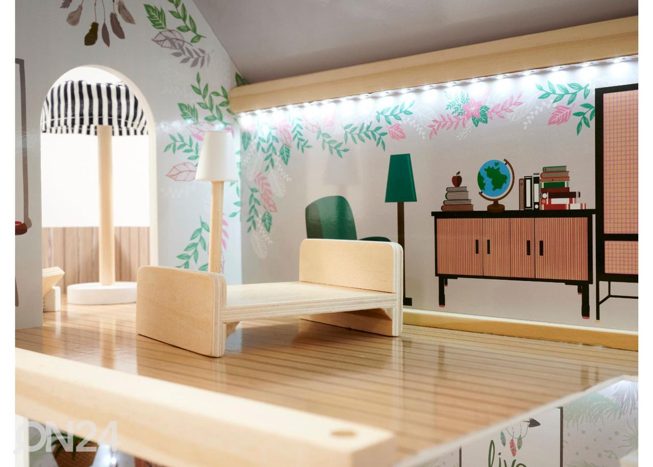Nukkekoti + huonekalut ja LED-valot 78 cm Boho kuvasuurennos