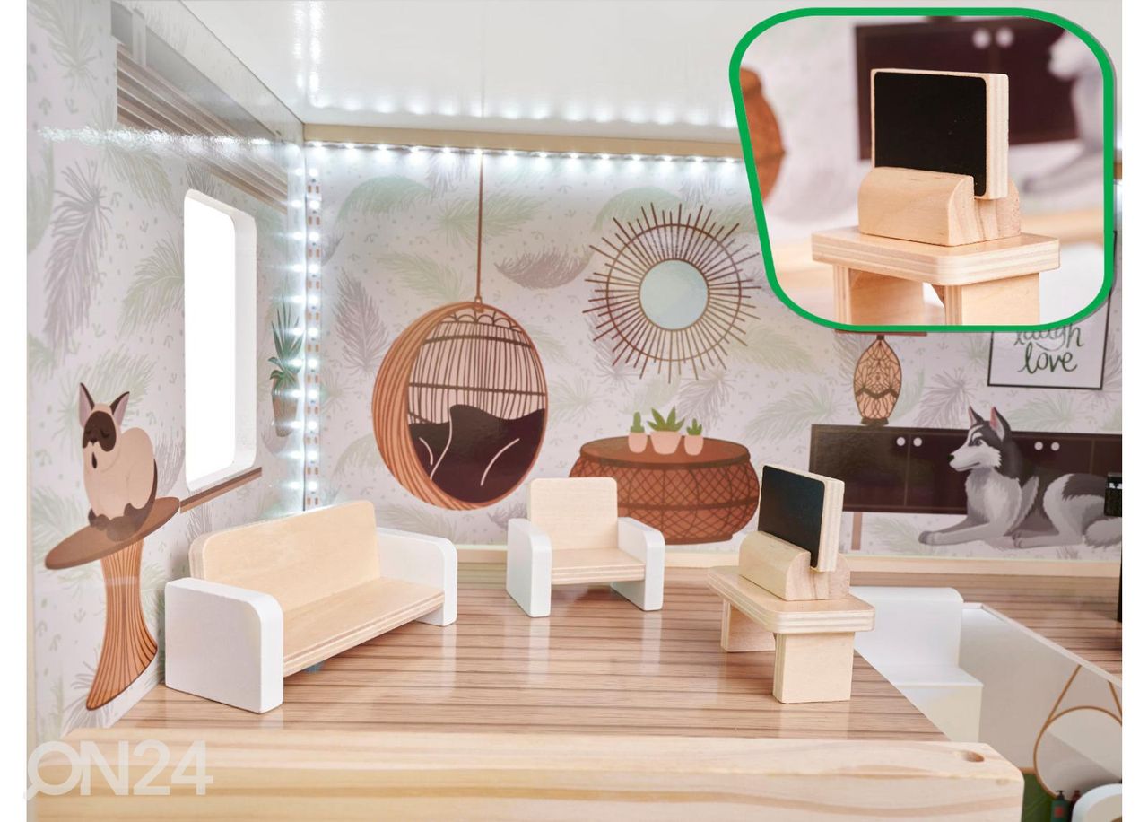 Nukkekoti + huonekalut ja LED-valot 78 cm Boho kuvasuurennos