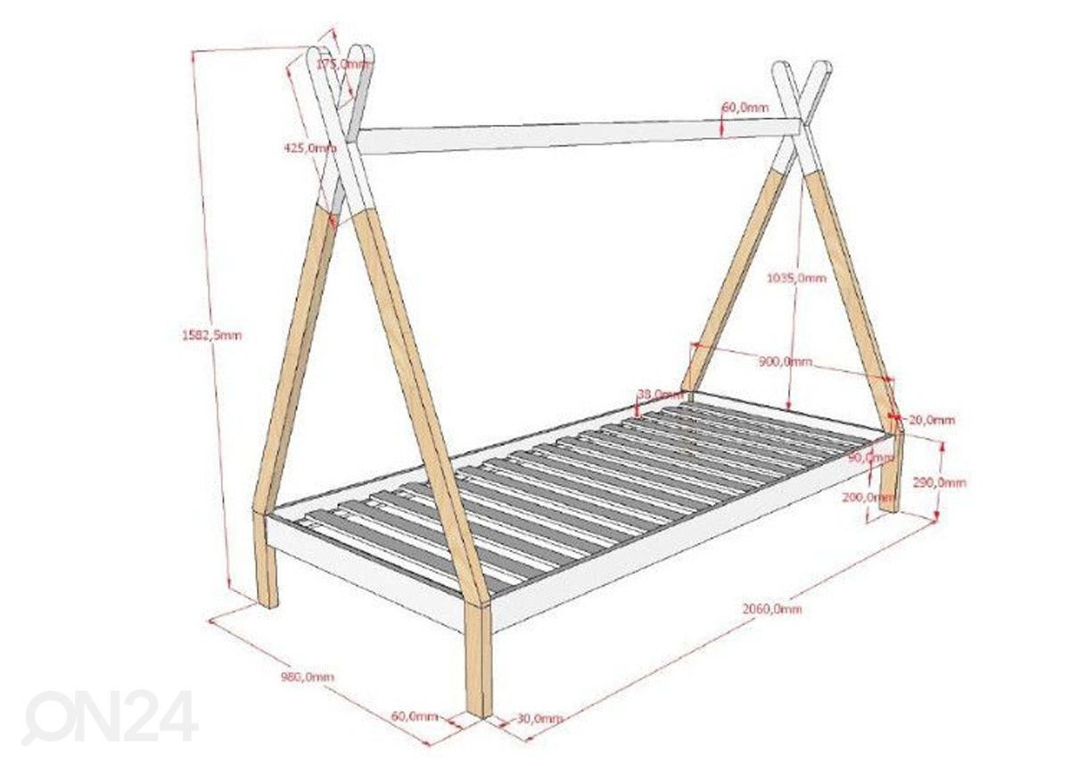 Sänky Tipi 90x200 cm, valkoinen/ luonnollinen kuvasuurennos