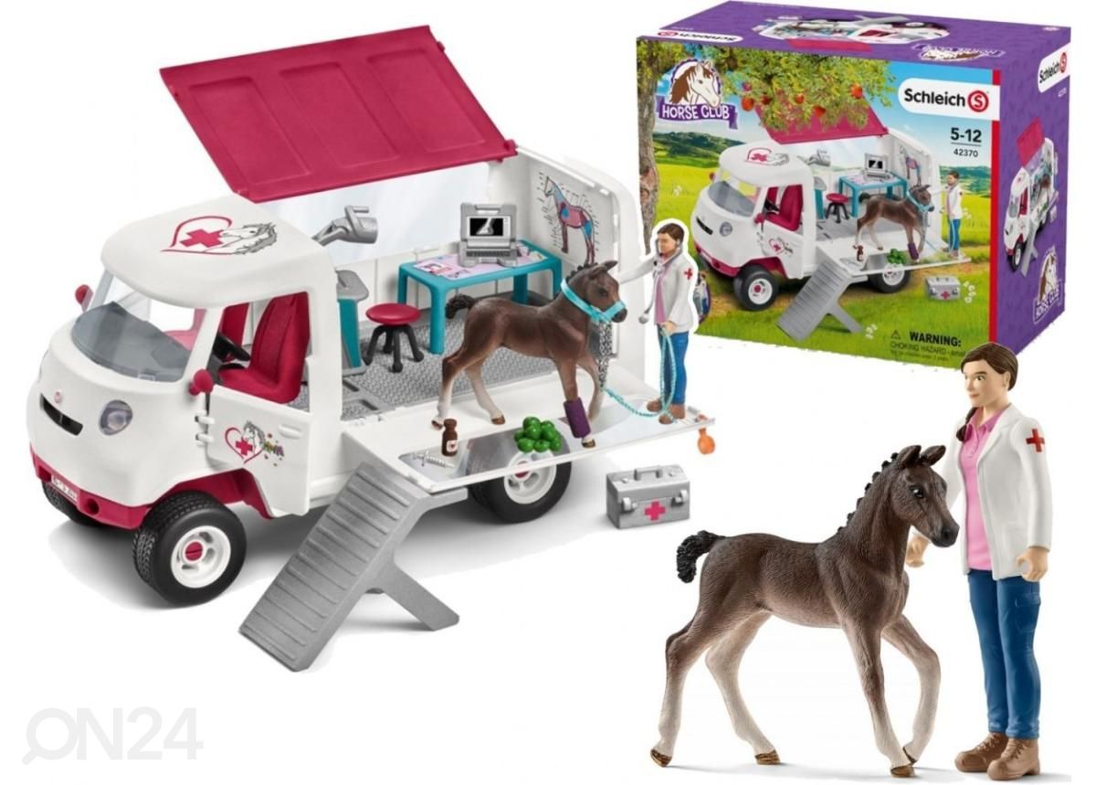 Schleich Horse Club Liikkuva eläinlääkäriasema ja hannoverinhevosen varsa kuvasuurennos
