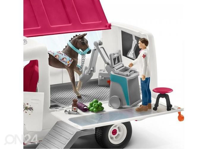 Schleich Horse Club Liikkuva eläinlääkäriasema ja hannoverinhevosen varsa kuvasuurennos