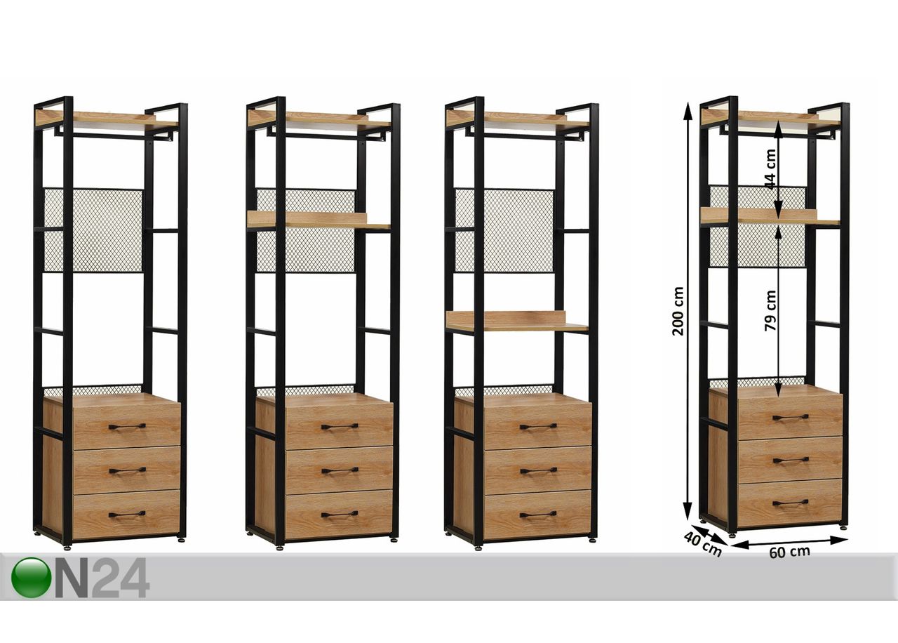Vaatekaappijärjestelmä (2 hyllyä + 2 tankoa + laatikosto) 60x200 cm kuvasuurennos