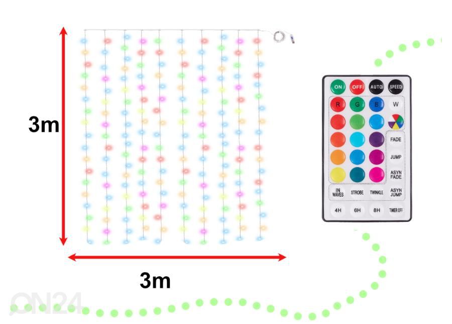Valoverho LED-valoilla 3x3m 200 LED + kaukosäädin 16:lla värimuistilla kuvasuurennos