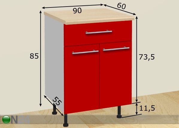 2-ovinen keittiön alakaappi laatikolla 90 cm mitat