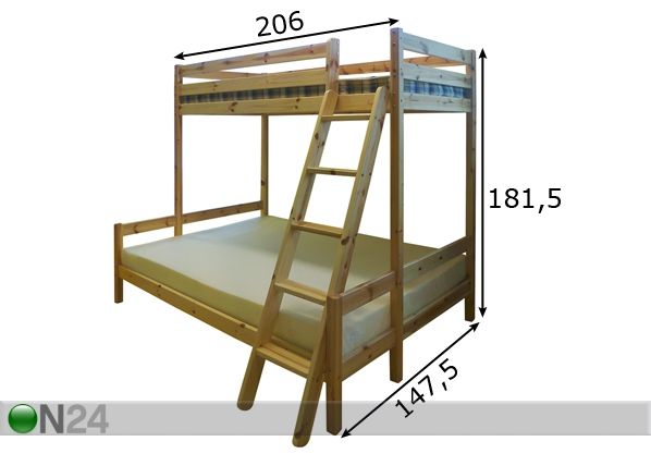 3-hengen kerrossänky TRIO, mänty 90- ja 140x200 cm mitat