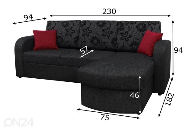 Divaanivuodesohva vuodevaatelaatikolla mitat