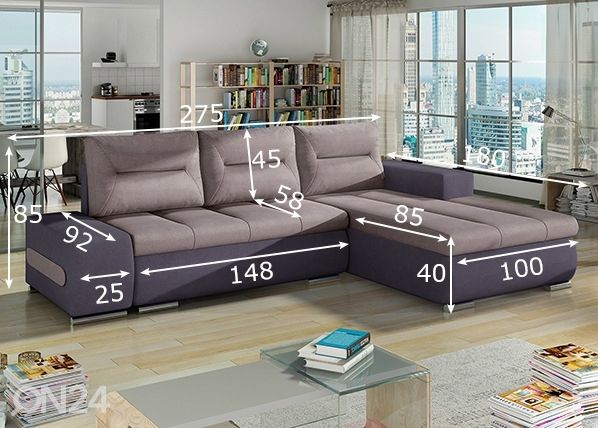 Divaanivuodesohva vuodevaatelaatikolla Detroit mitat