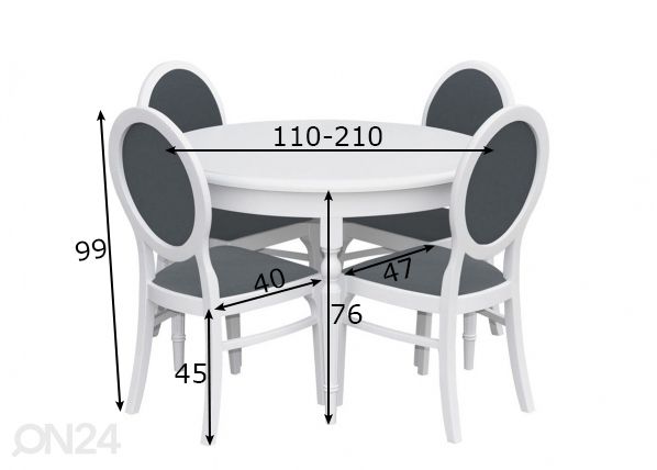Jatkettava ruokapöytä 110x110-210 cm+ 4 tuolia mitat
