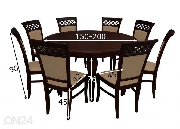 Jatkettava ruokapöytä 150x150-200 cm + 8 tuolia mitat