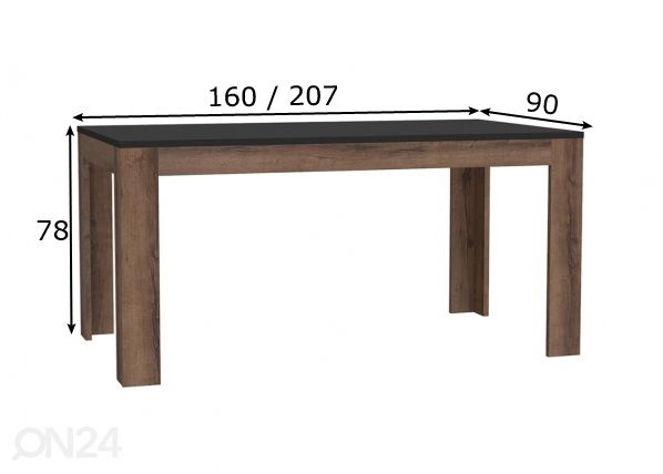 Jatkettava ruokapöytä 160/207x90 cm mitat