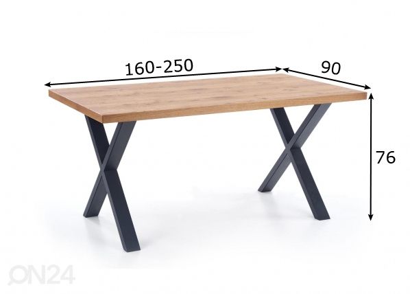 Jatkettava ruokapöytä 160/250x90 cm mitat