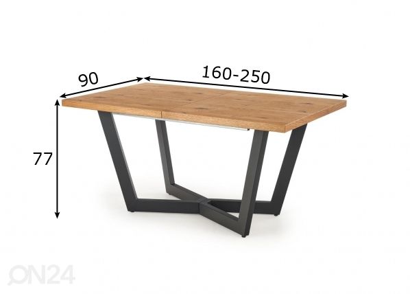 Jatkettava ruokapöytä 160/250x90 cm mitat