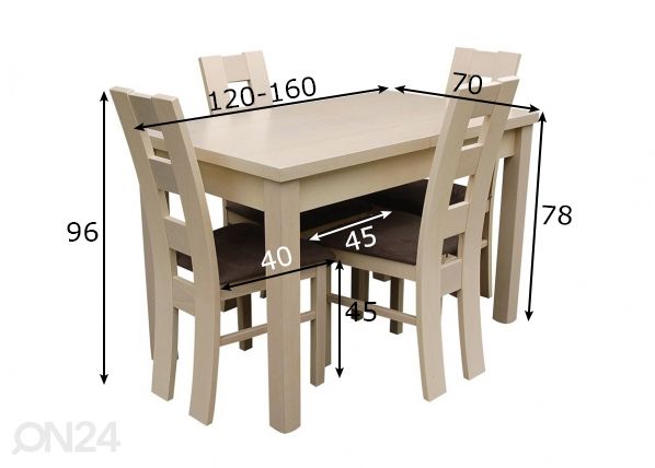 Jatkettava ruokapöytä 70x120-160 cm + 4 tuolia mitat