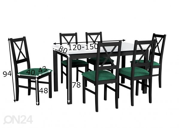 Jatkettava ruokapöytä 80x120-150 cm + 6 tuolia mitat