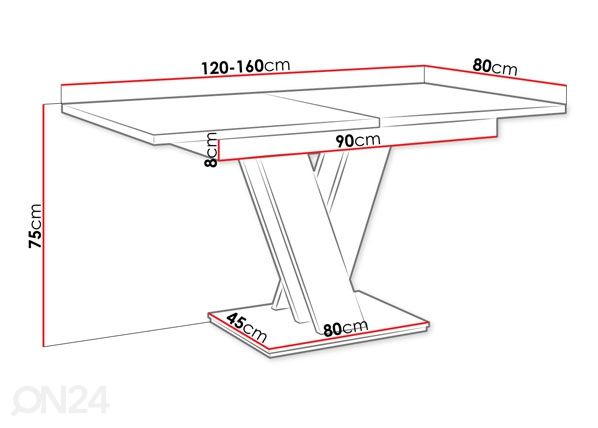 Jatkettava ruokapöytä 80x120-160 cm mitat