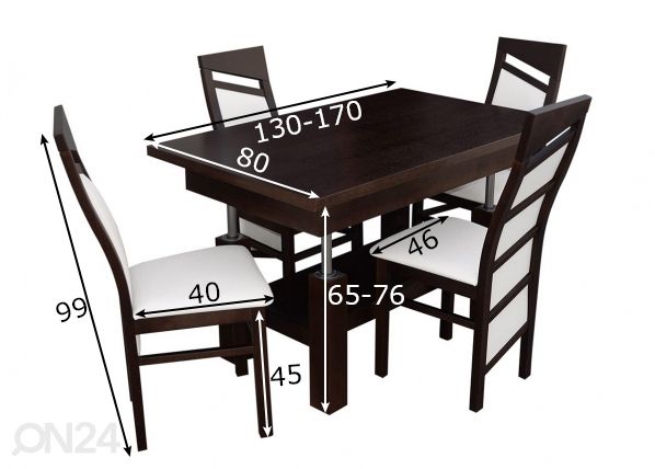 Jatkettava ruokapöytä 80x130-170 cm + 4 tuolia mitat