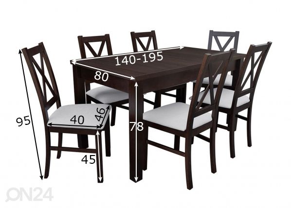 Jatkettava ruokapöytä 80x140-195 cm + 6 tuolia mitat