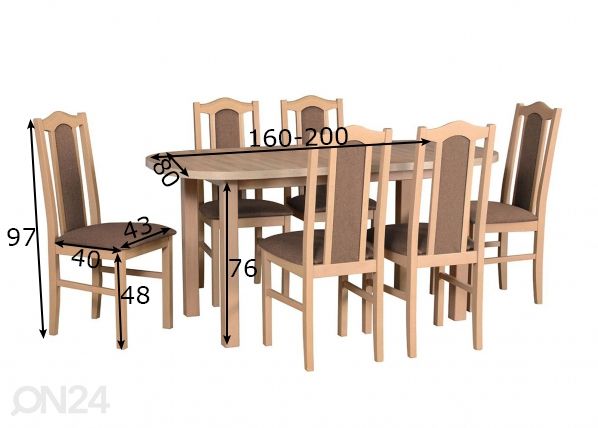 Jatkettava ruokapöytä 80x160-200 cm + 6 tuolia mitat