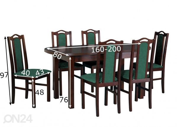 Jatkettava ruokapöytä 80x160-200 cm + 6 tuolia mitat